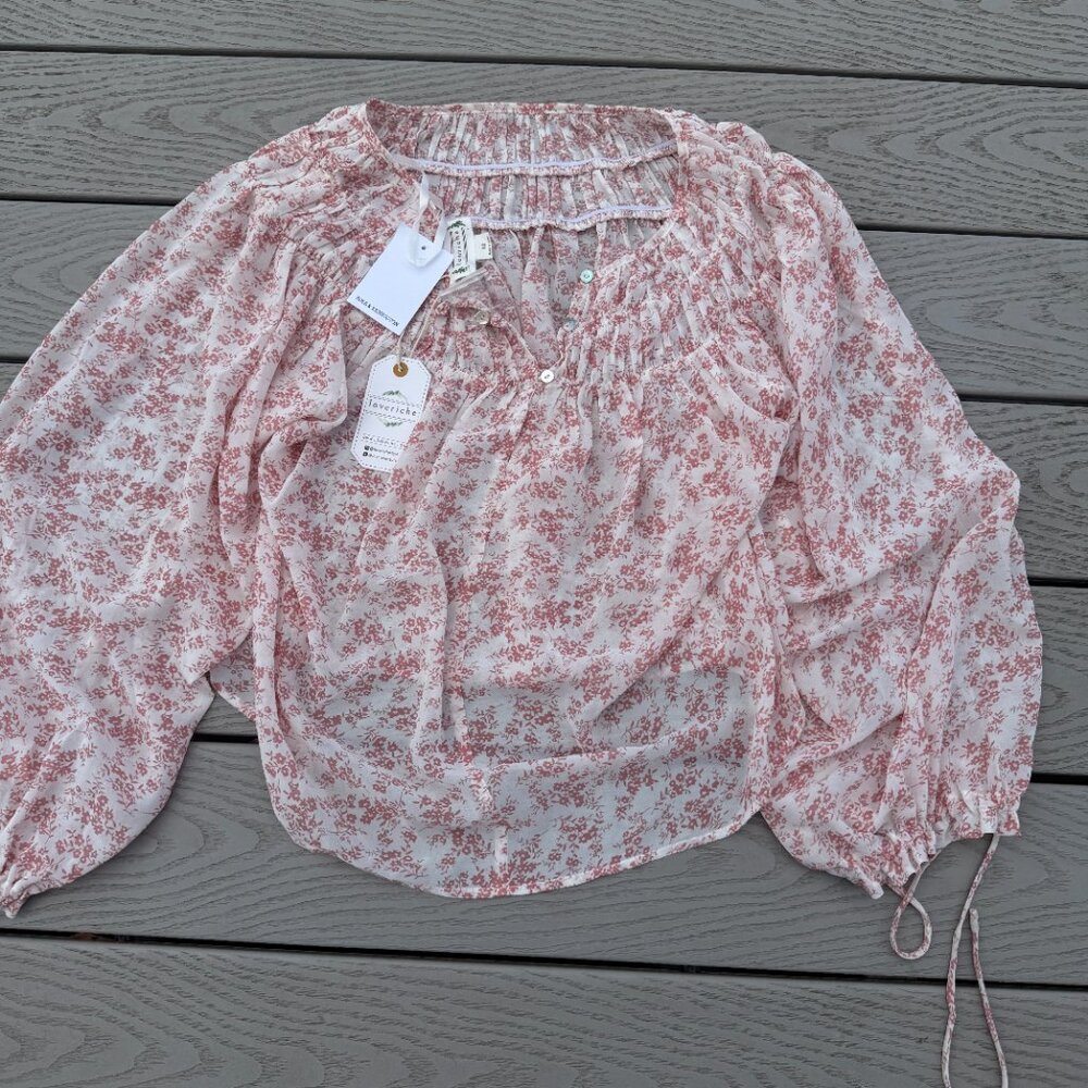 Loveriche pink Sheer Ruffle Blouse Flowy Women’s Size Medium floral Pullover